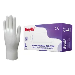 Beybi Pudralı Lateks Eldiven L Beden Medikal ve Hijyen Eldiveni 100'lü
